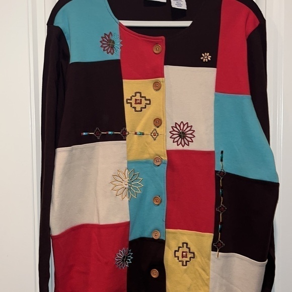 Southwest tribal western boho folk Blair button down patchwork top size XL - Picture 3 of 10
